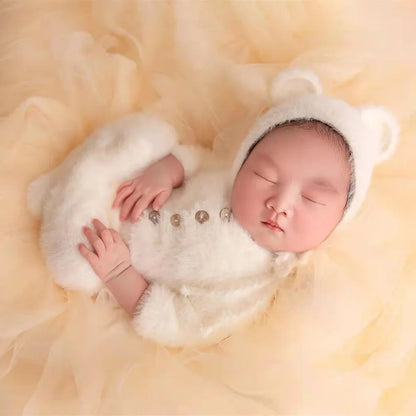0-1 Monat Baby Junge Mädchen Bär Bodys Outfit Neugeborenen Fotografie Requisiten Gestrickte Nerz Haar Strampler Fotografie Requisiten