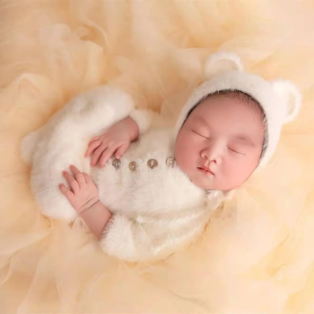 0-1 Monat Baby Junge Mädchen Bär Bodys Outfit Neugeborenen Fotografie Requisiten Gestrickte Nerz Haar Strampler Fotografie Requisiten