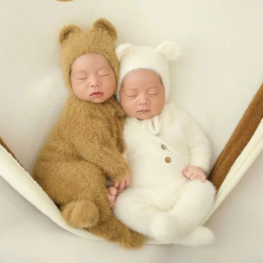 0-1 Monat Baby Junge Mädchen Bär Bodys Outfit Neugeborenen Fotografie Requisiten Gestrickte Nerz Haar Strampler Fotografie Requisiten