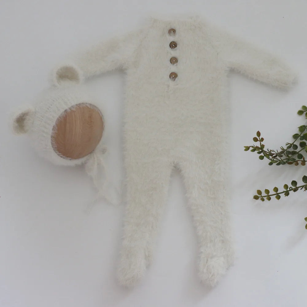0-1 Monat Baby Junge Mädchen Bär Bodys Outfit Neugeborenen Fotografie Requisiten Gestrickte Nerz Haar Strampler Fotografie Requisiten