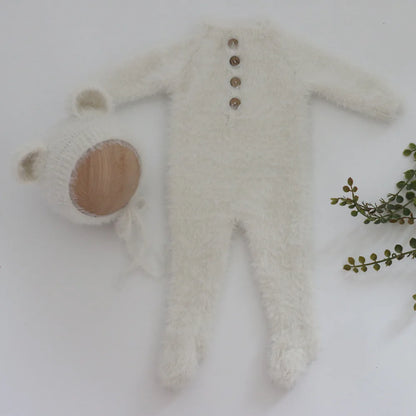 0-1 Monat Baby Junge Mädchen Bär Bodys Outfit Neugeborenen Fotografie Requisiten Gestrickte Nerz Haar Strampler Fotografie Requisiten