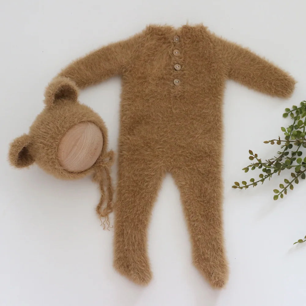 0-1 Monat Baby Junge Mädchen Bär Bodys Outfit Neugeborenen Fotografie Requisiten Gestrickte Nerz Haar Strampler Fotografie Requisiten