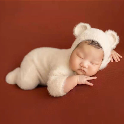 0-1 Monat Baby Junge Mädchen Bär Bodys Outfit Neugeborenen Fotografie Requisiten Gestrickte Nerz Haar Strampler Fotografie Requisiten