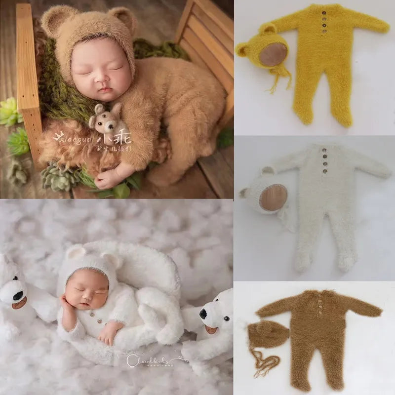 0-1 Monat Baby Junge Mädchen Bär Bodys Outfit Neugeborenen Fotografie Requisiten Gestrickte Nerz Haar Strampler Fotografie Requisiten
