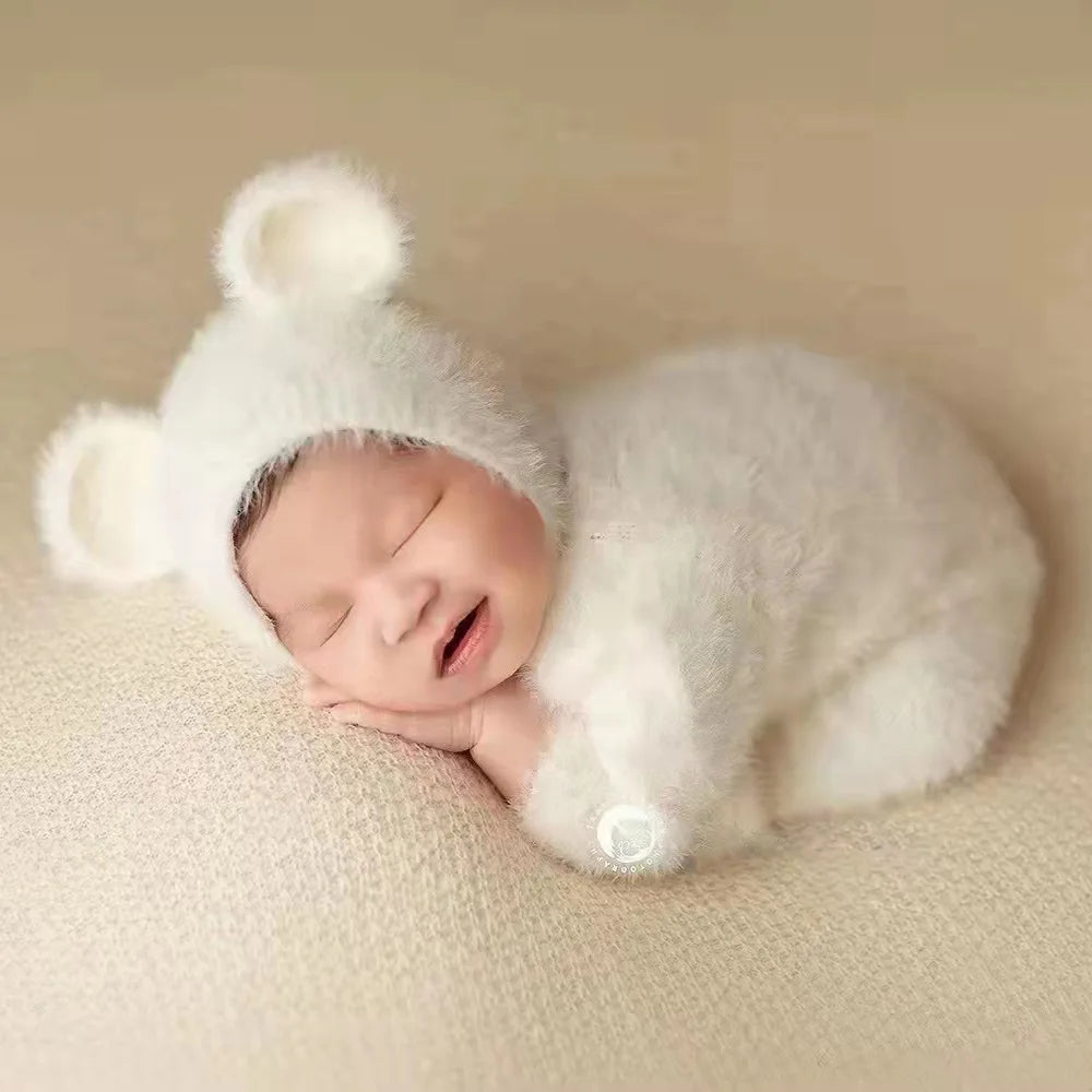 0-1 Monat Baby Junge Mädchen Bär Bodys Outfit Neugeborenen Fotografie Requisiten Gestrickte Nerz Haar Strampler Fotografie Requisiten
